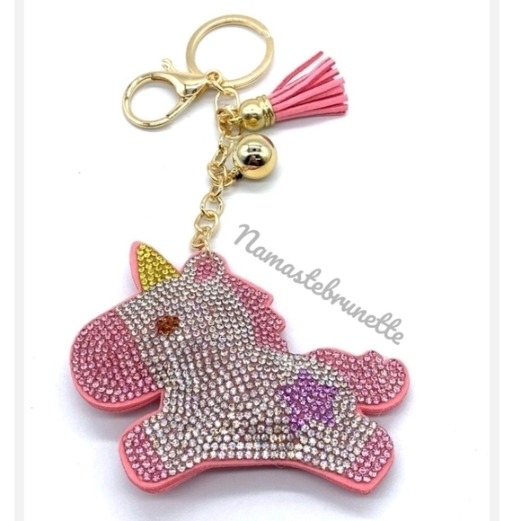 Unicorn Crystal Rhinestone Keychain Bag Charm With Blue Tassel - Picture 8 of 16